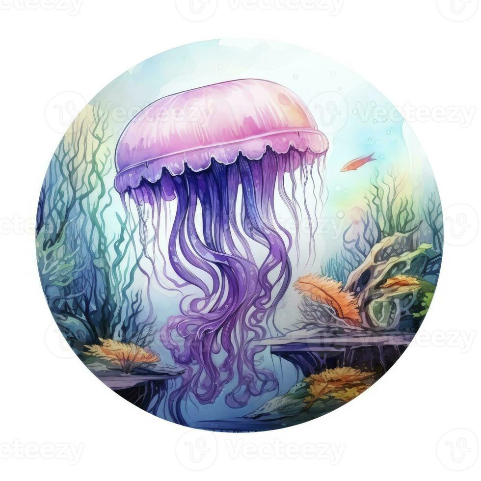 AI generated Jellyfish in an underwater landscape in a circle. AI Generated photo