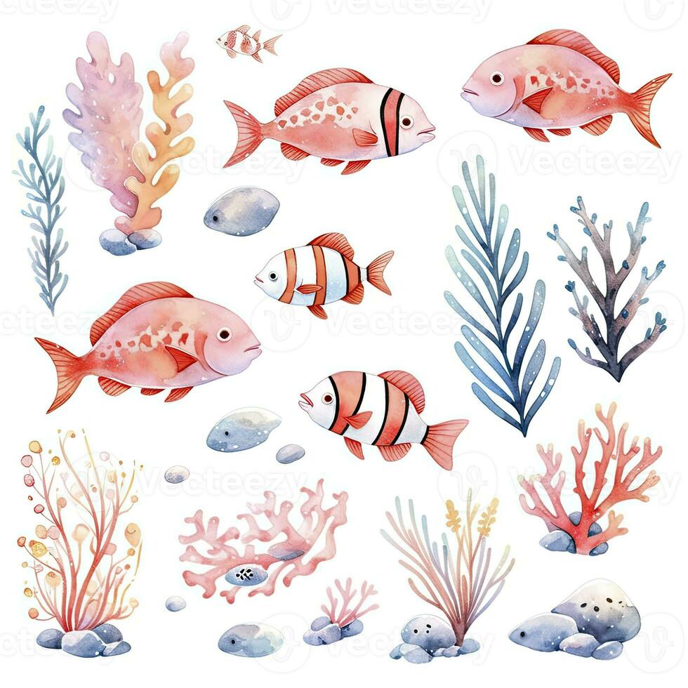 AI generated Underwater Sea element in watercolor on the white background. AI Generated photo