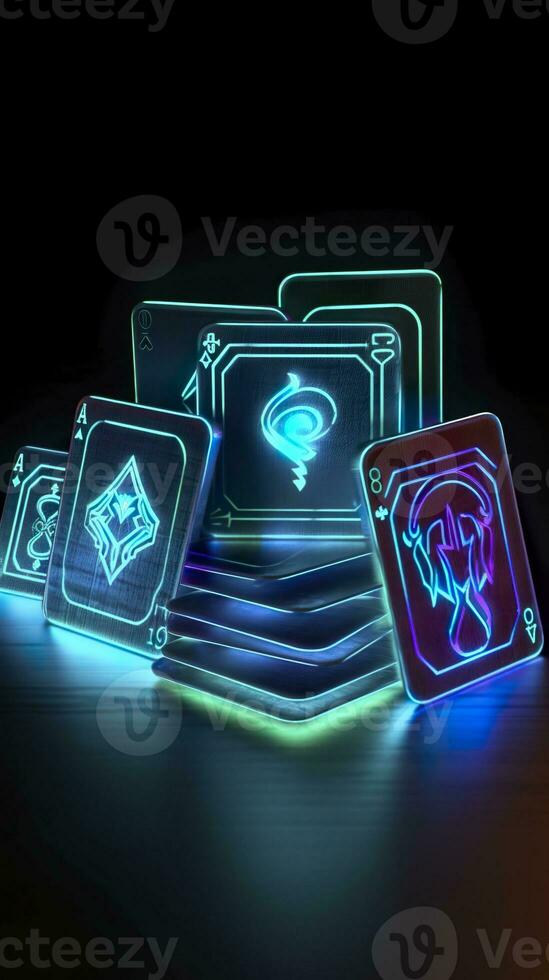 AI generated Some playing cards with glowing neon designs on a tablet. Generative AI photo