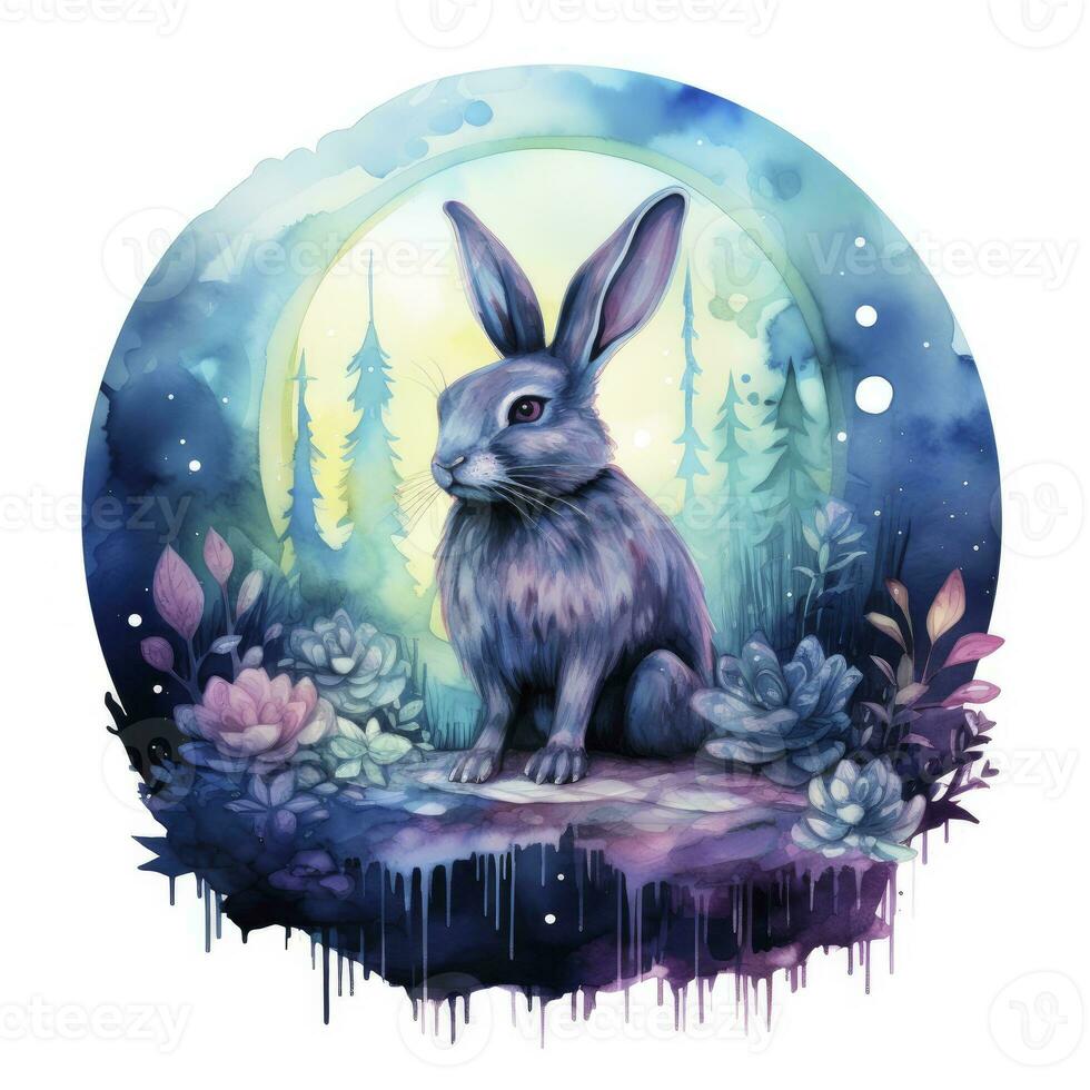 AI generated Watercolor Rabbit and Glowing Moon for T-shirt Design. AI Generated photo