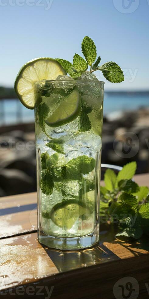 AI generated Stunning photo of cocktail mojito, a sunny summer beach in the background. Generative AI