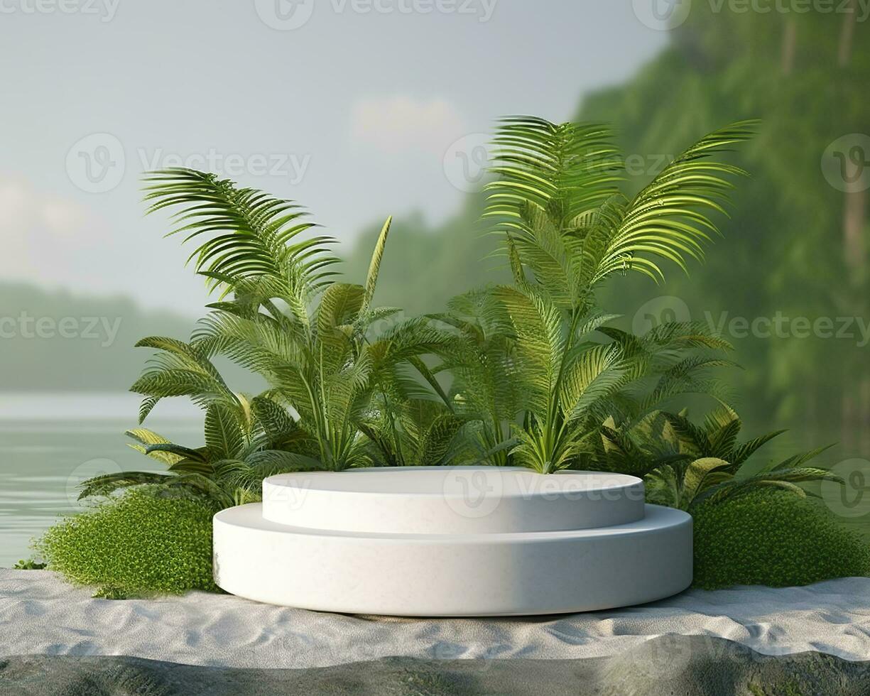 AI generated Stone product display podium for cosmetic product with green nature garden background. Generative AI photo