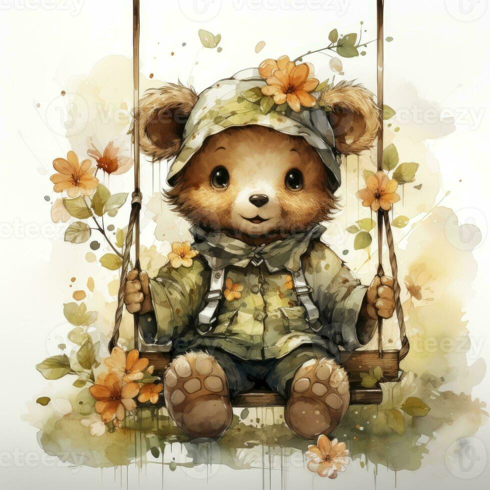AI generated A cute happy teddy bear swings on a tree on a white background. AI Generated photo