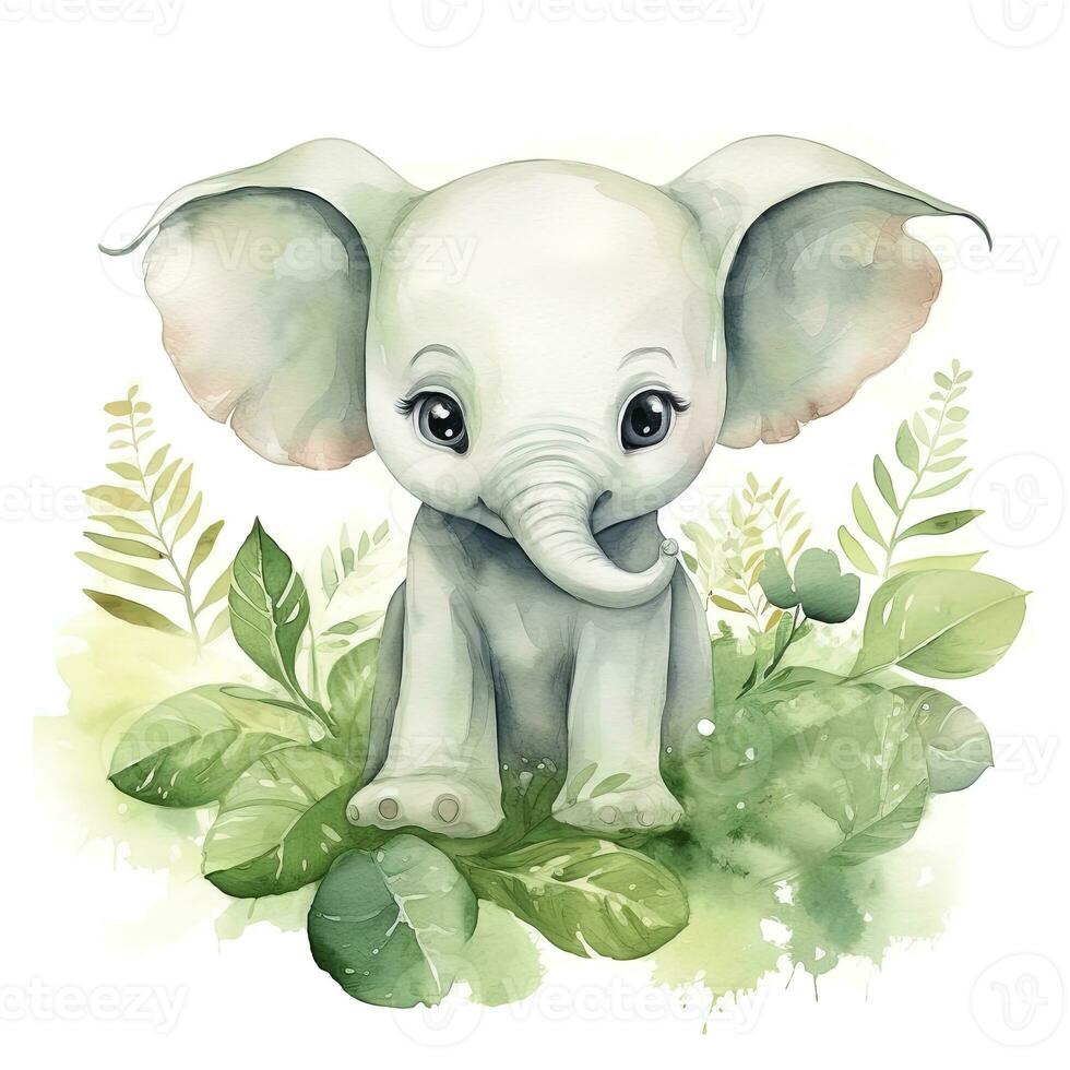 AI generated Happy cute baby elephant in green leaves in the watercolor style. AI Generated photo
