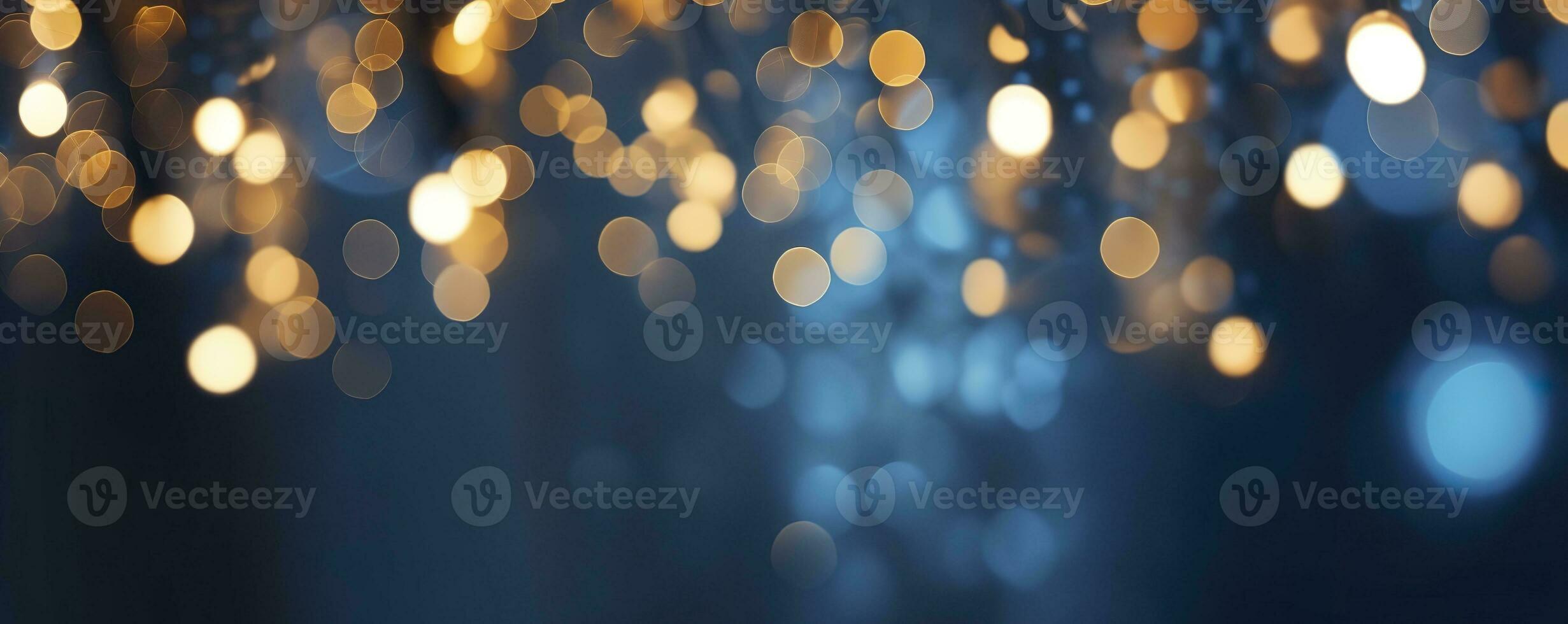 AI generated holiday illumination and decoration concept, Christmas garland bokeh lights over dark blue background. AI Generated photo