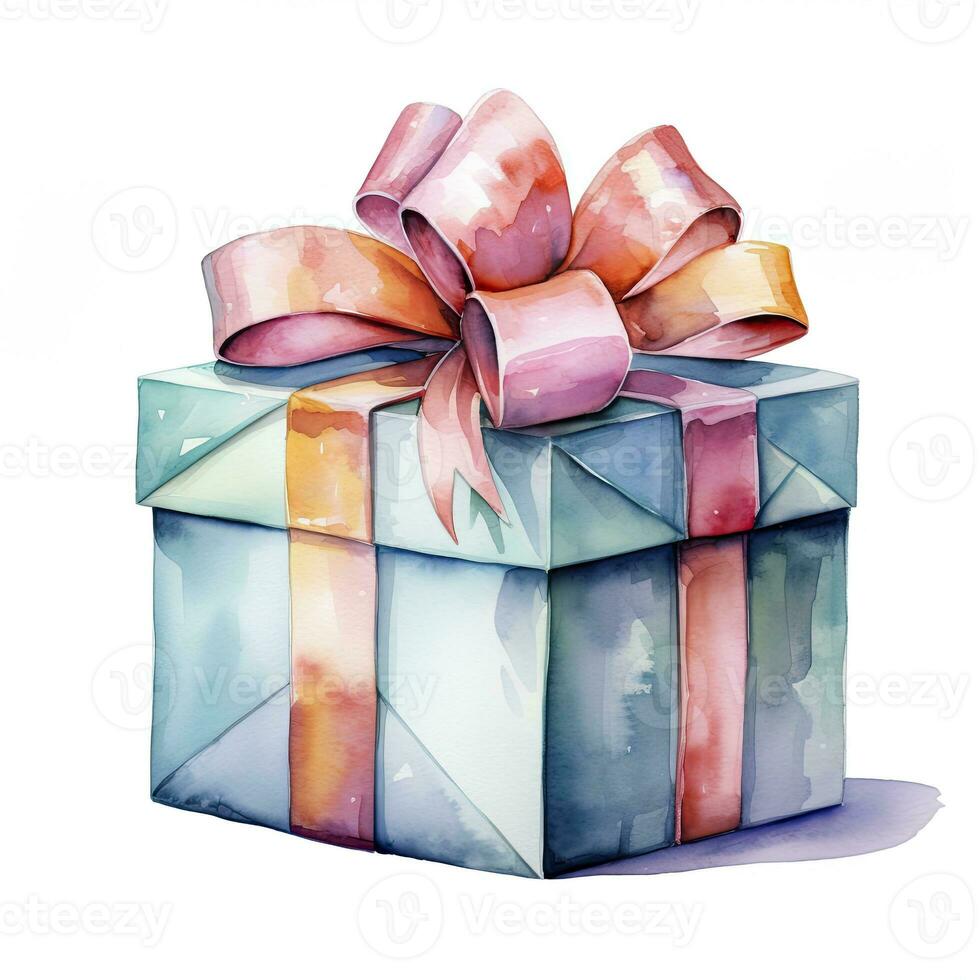 AI generated Watercolor birthday present with bow isolated on white background.  AI Generated photo