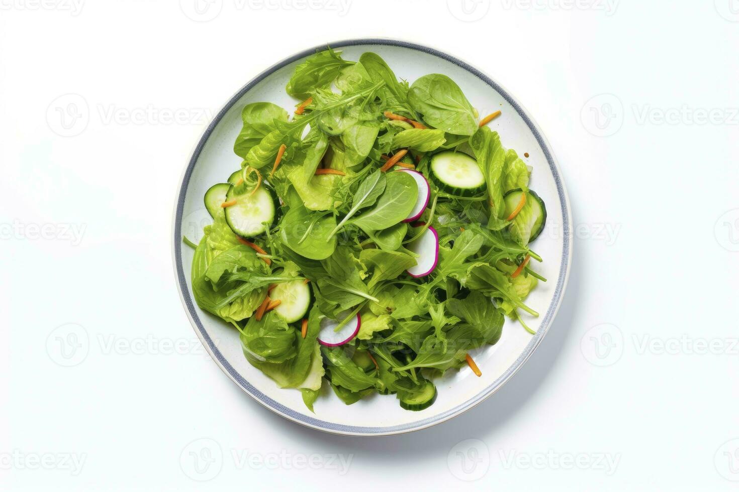 AI generated Healthy fresh green salad plate shot from above on white background. AI Generated photo