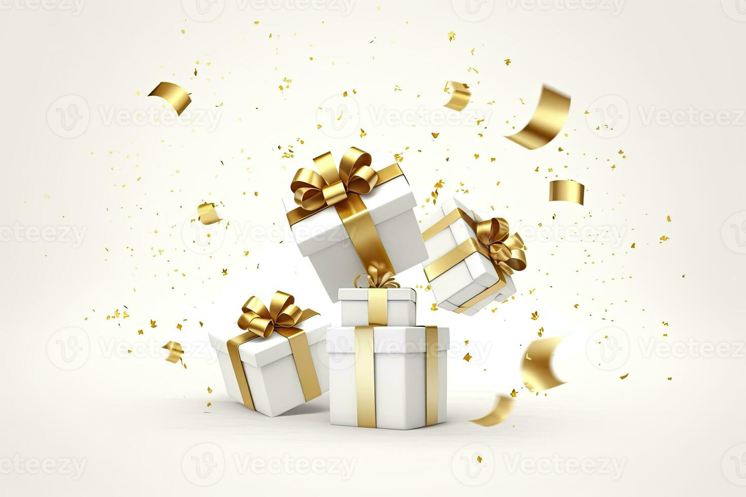 AI generated Merry New Year and Merry Christmas 2024 white gift boxes with golden bows and gold sequins confetti on white background. AI Generated photo