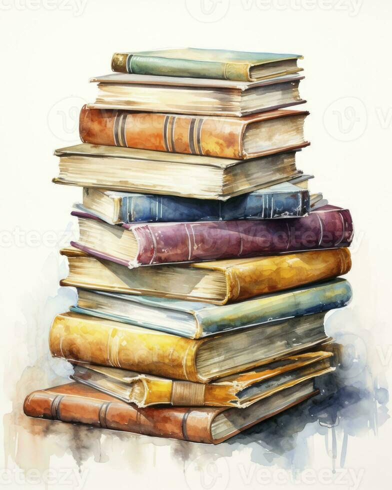 AI generated Watercolor pile of books isolated on white background. AI Generated photo