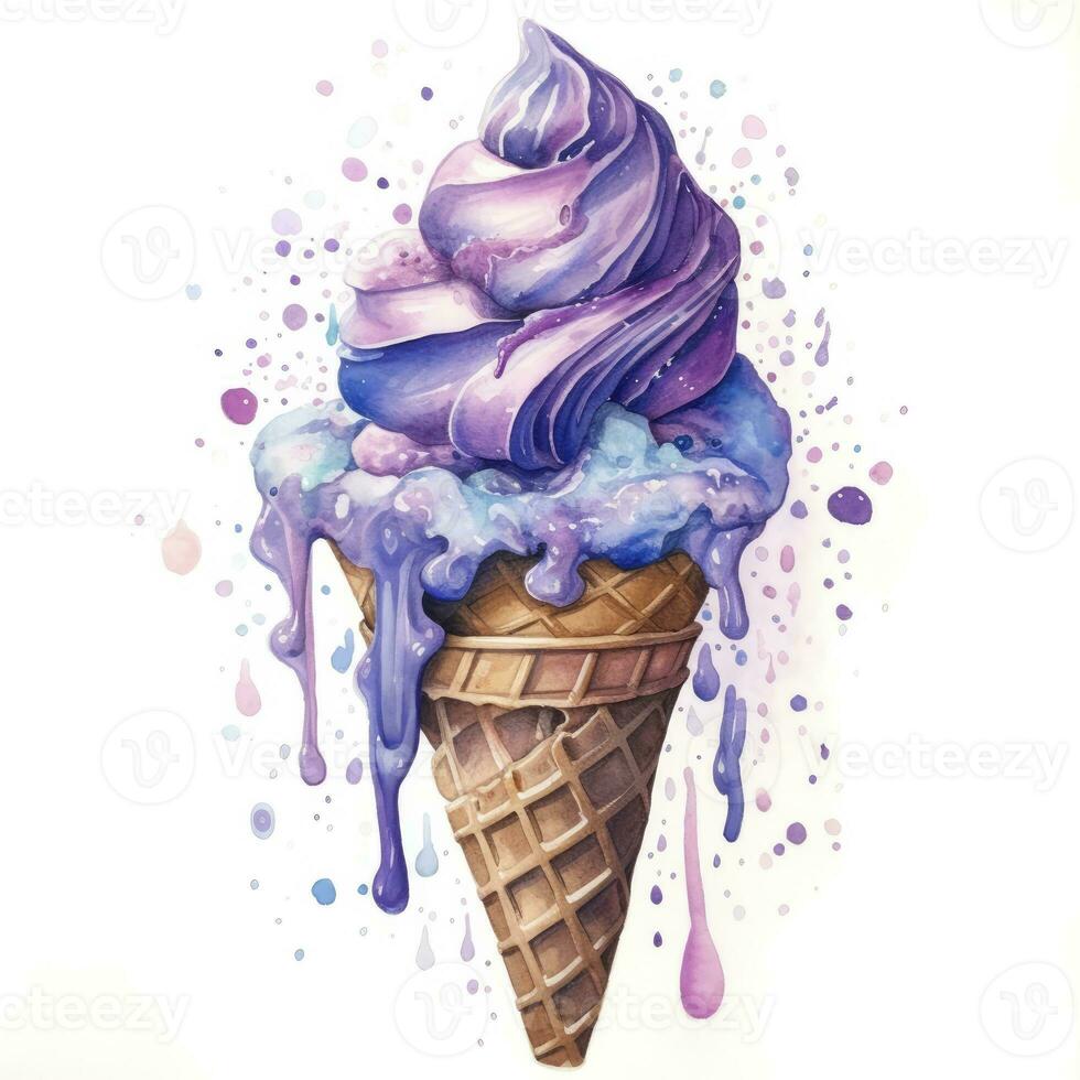 AI generated Watercolor ice cream in a waffle cone. AI Generated photo