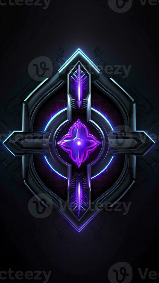 AI generated Amethyst 3D Minimalist Shield Design with a black or dark background with neon lines. AI Generative photo