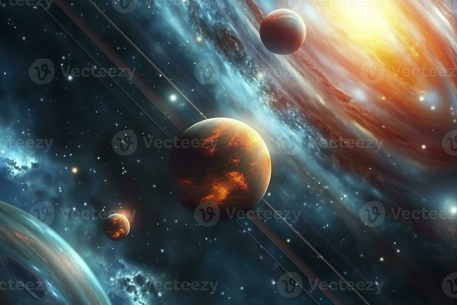 AI generated The holographic solar system of planets swimming through nebulous space time realistic close up photo. AI Generative photo