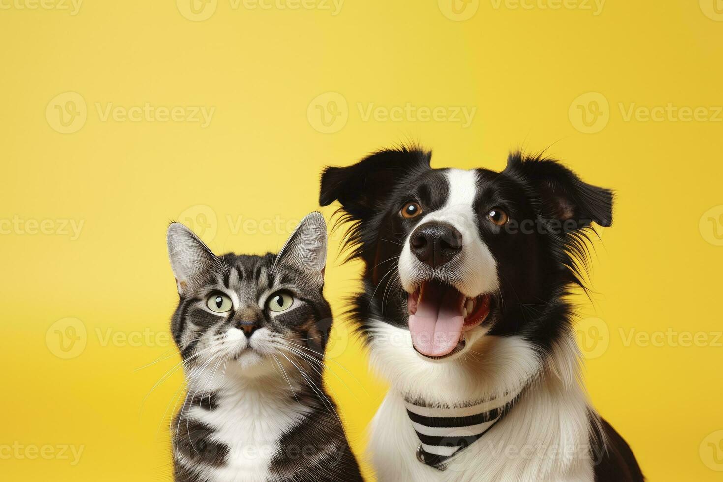 ai generado gato y perro juntos con contento expresiones en amarillo antecedentes. ai generado foto