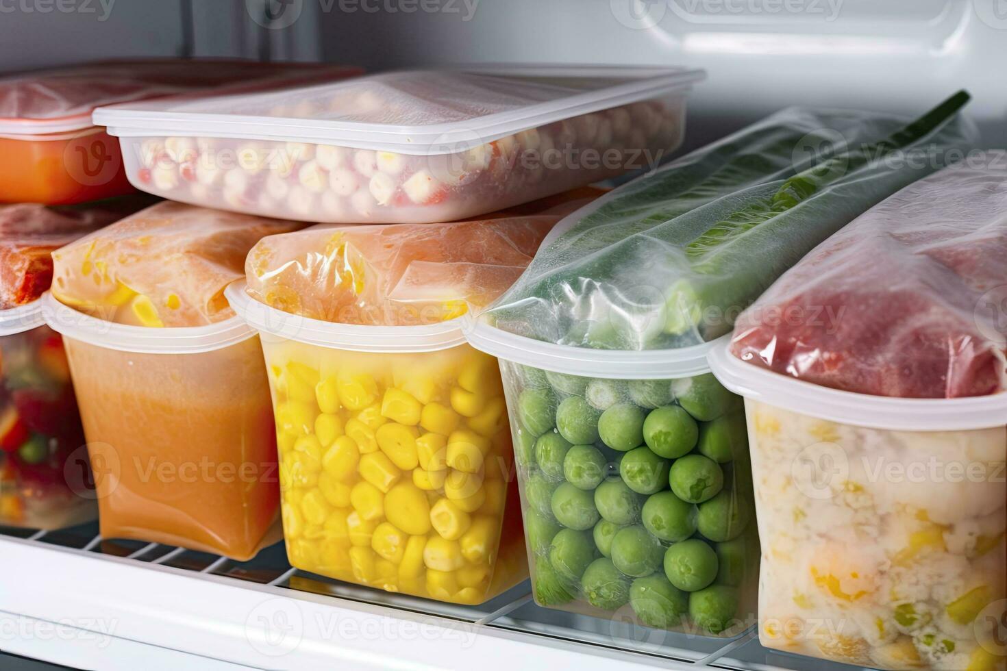 AI generated Frozen food in the freezer. Frozen vegetables. AI Generated photo