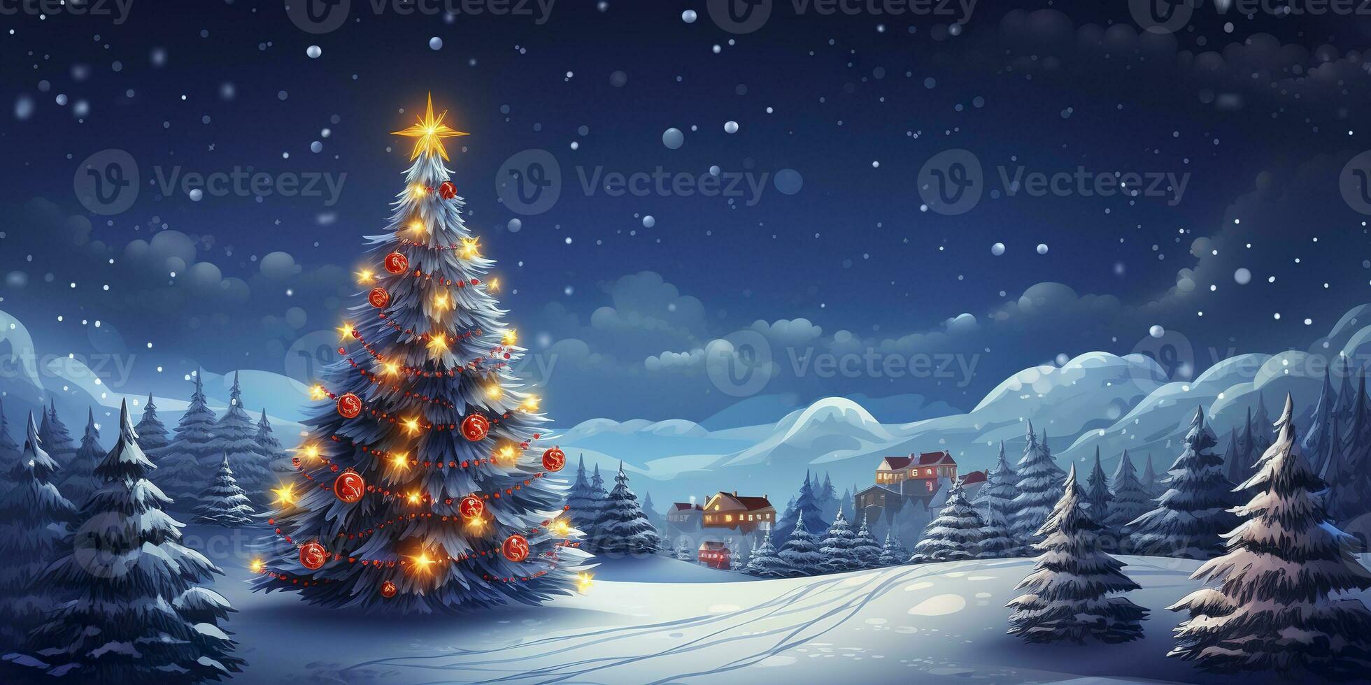 AI generated House with Christmas tree in winter for Merry Christmas and Happy New Year. AI Generated photo