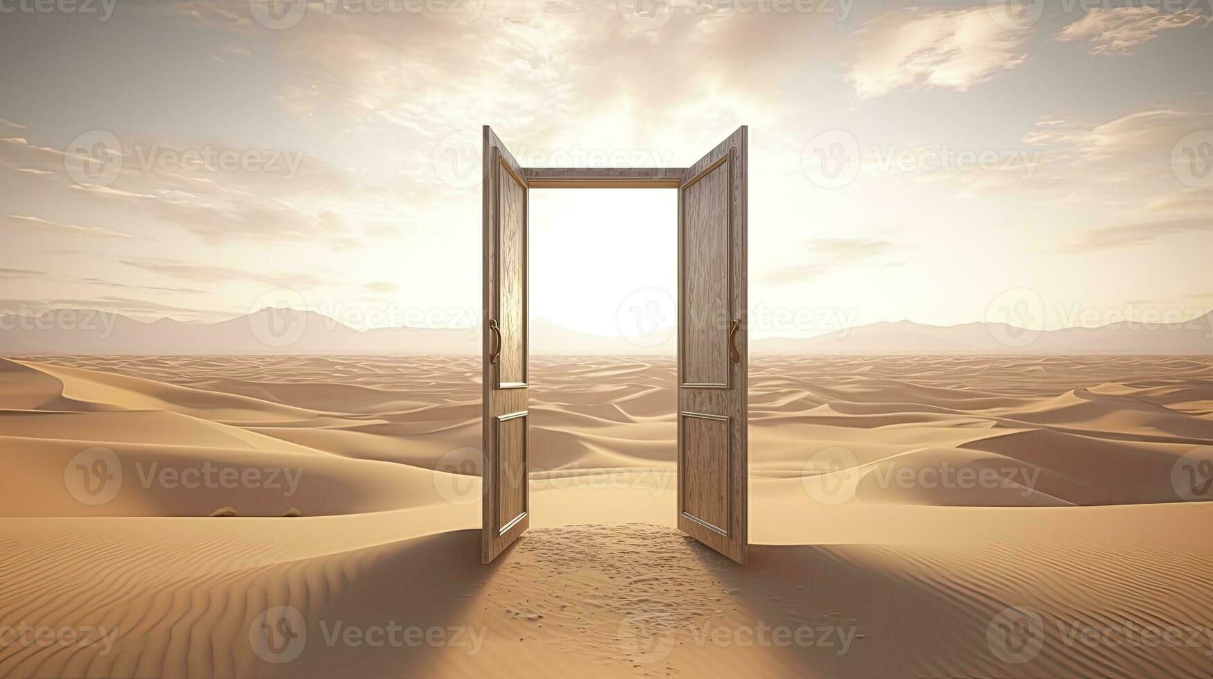 ai generado el abrió puerta en el desierto. desconocido y comienzo arriba concepto. ai generado. foto