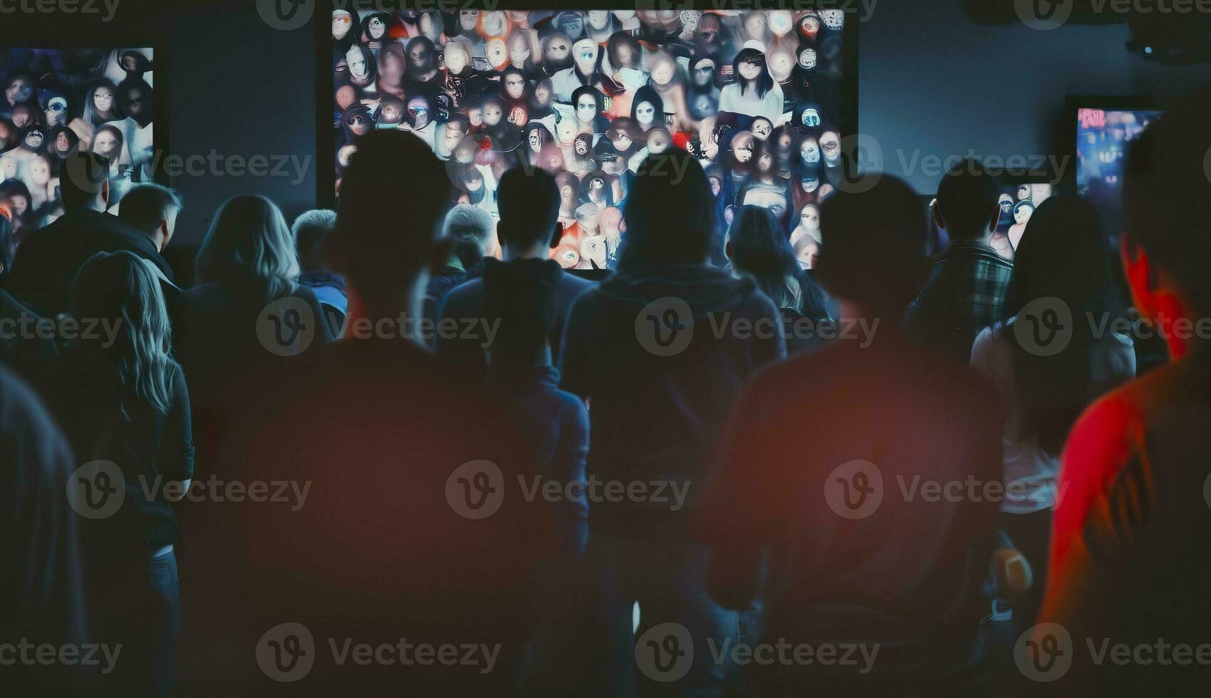 AI generated People crowd watching TV. TV addiction, propaganda and fake news concept. Generative AI photo