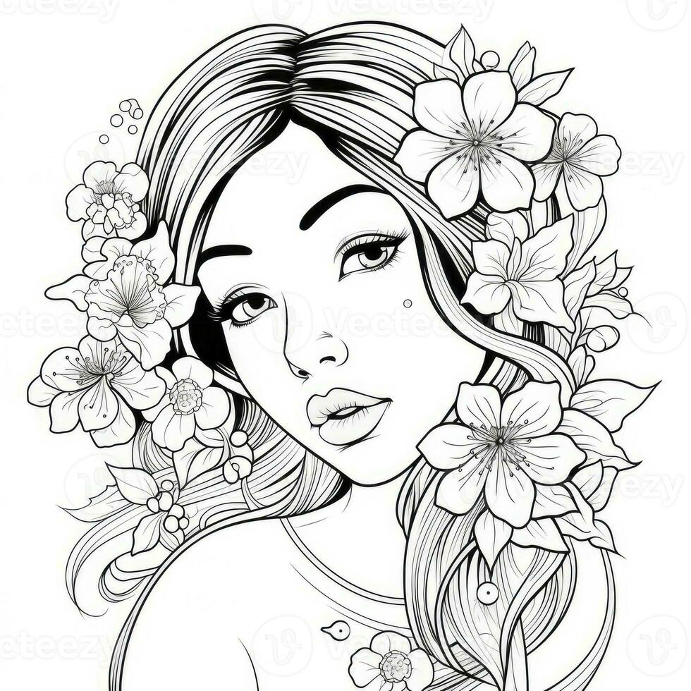 AI generated A girl on a coloring book page with Jasmine flowers. AI Generated photo