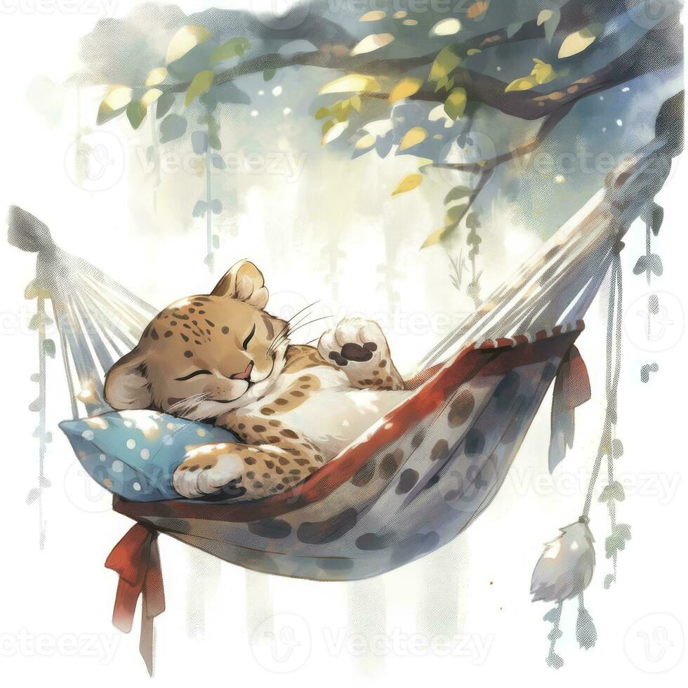 AI generated A sleepy baby leopard in a hammock. watercolor illustration. AI Generated photo