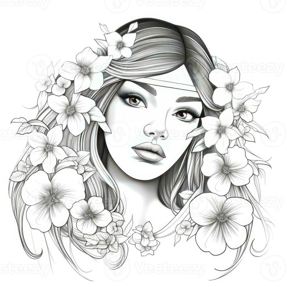 AI generated A girl on a coloring book page with Jasmine flowers. AI Generated photo