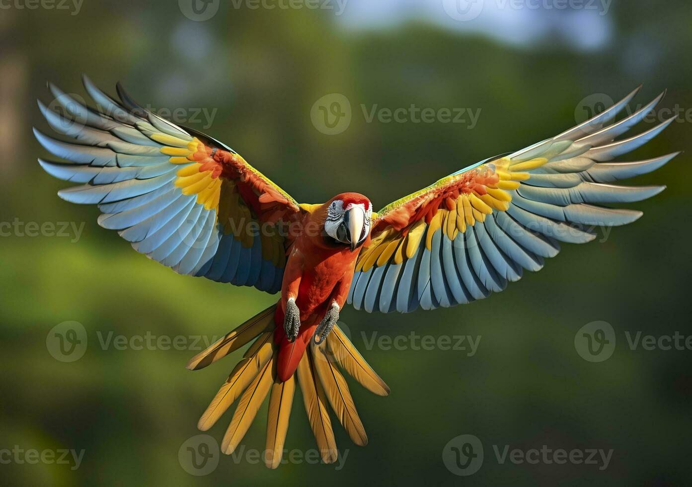 AI generated Flying macaw, beautiful bird. Generative AI photo