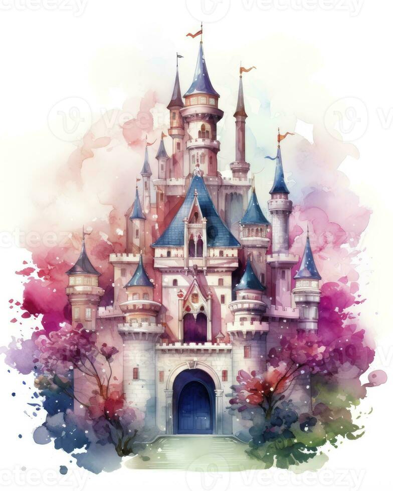 AI generated Colorful watercolor kawaii castle isolated on white background. AI Generated photo