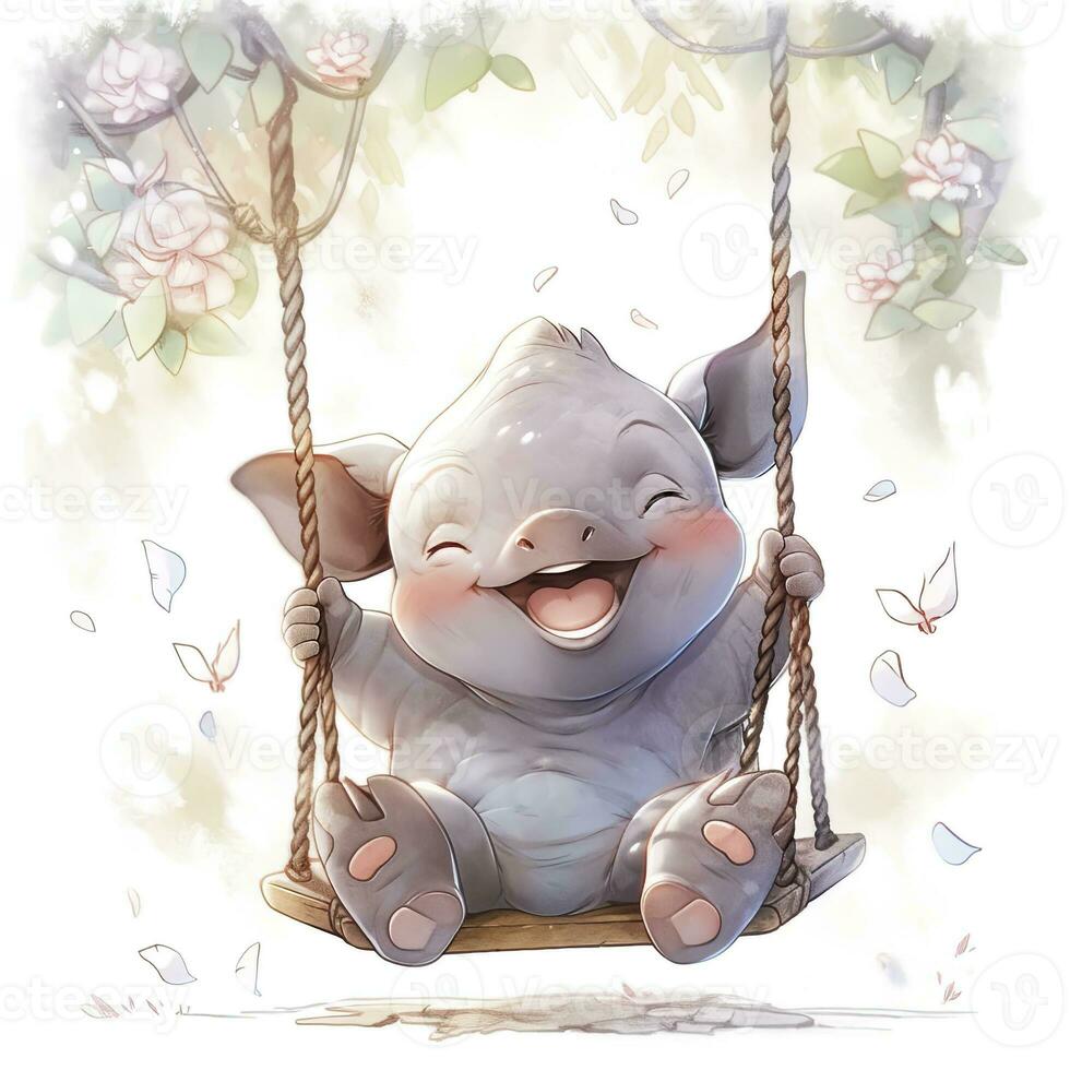 AI generated Cute happy baby rhino on swings in the tree in watercolor style. AI Generated photo