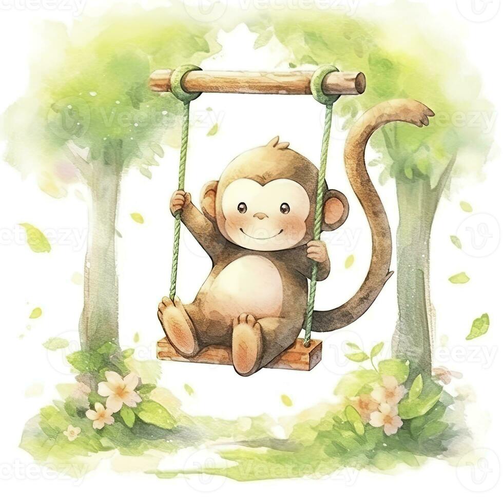 AI generated Cute happy baby monkey on swings on a tree in watercolor. AI Generated photo