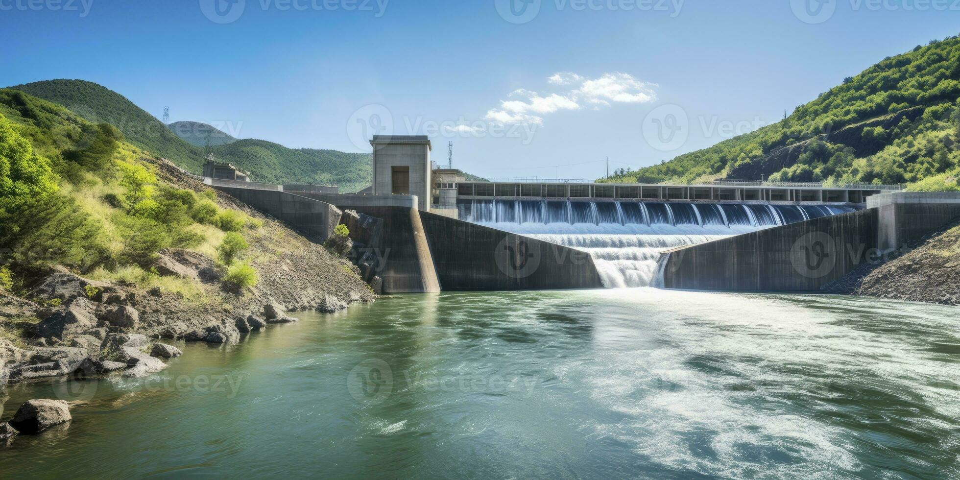 ai generado hidroeléctrico represa generando verde energía desde fluido agua. ai generado. foto