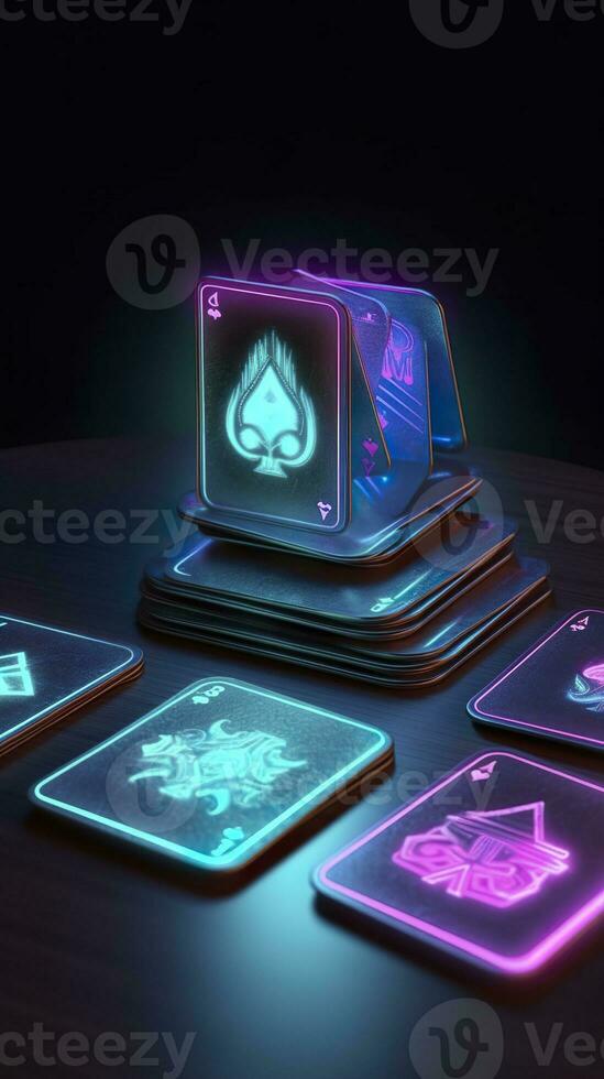 AI generated Some playing cards with glowing neon designs on a tablet. Generative AI photo