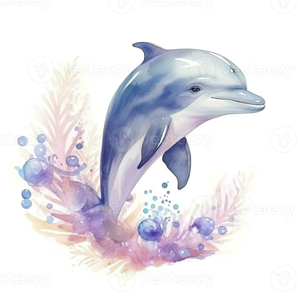 AI generated Watercolor fantasy Baby Dolphin clip art isolated white background. AI Generated photo