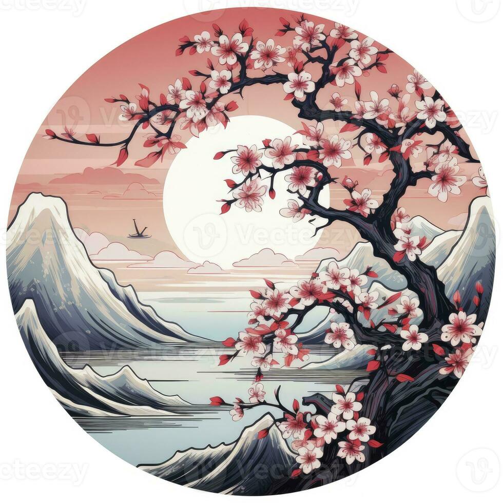 AI generated Cherry blossoms in the sunset background. Japanese tattoo style. AI Generated photo