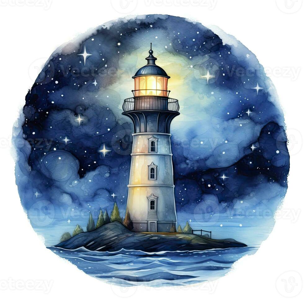 AI generated Lighthouse beside the sea at Night. watercolor for T-shirt design. AI Generated photo