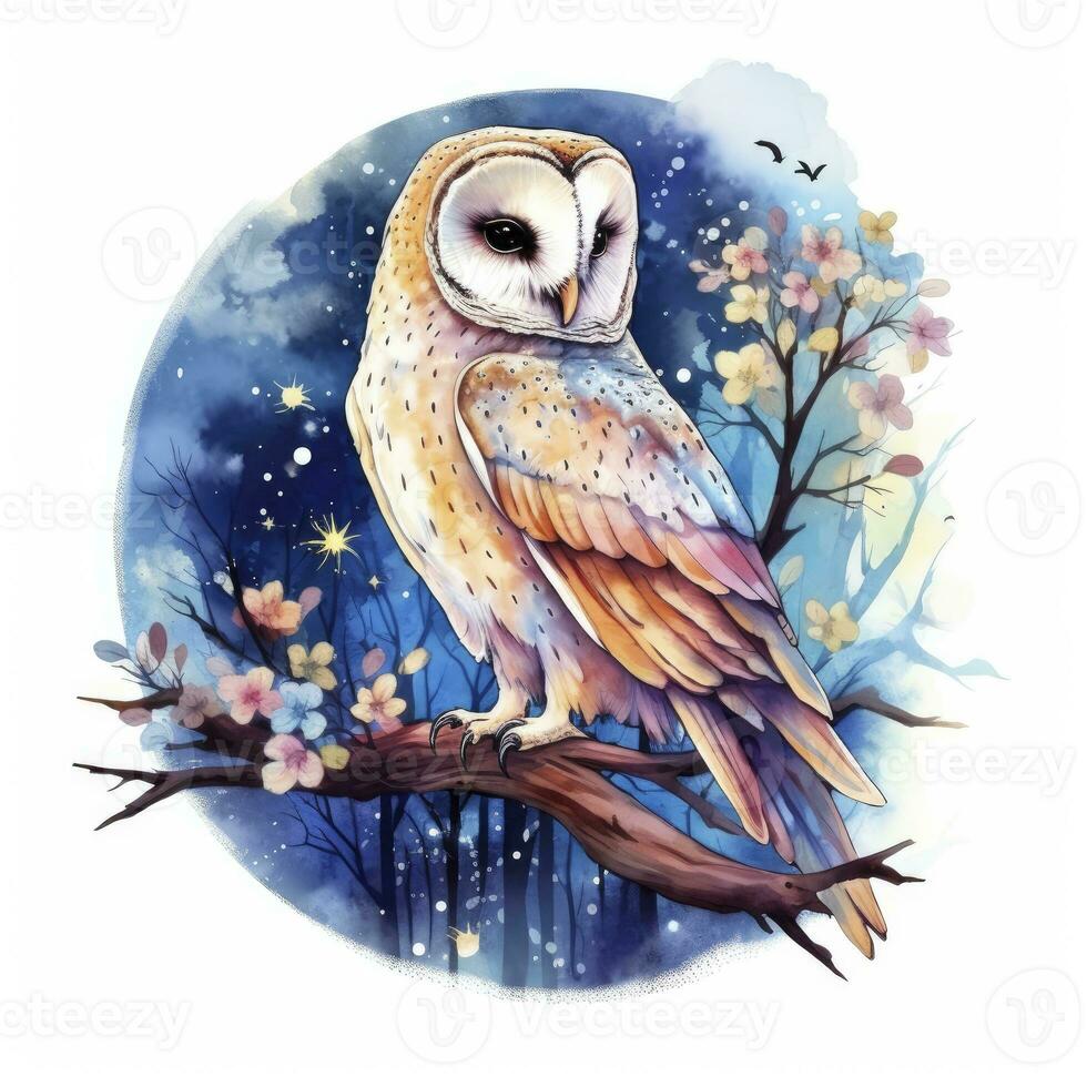 AI generated Watercolor magical owl sitting on a tree branch for T-shirt Design. AI Generated photo