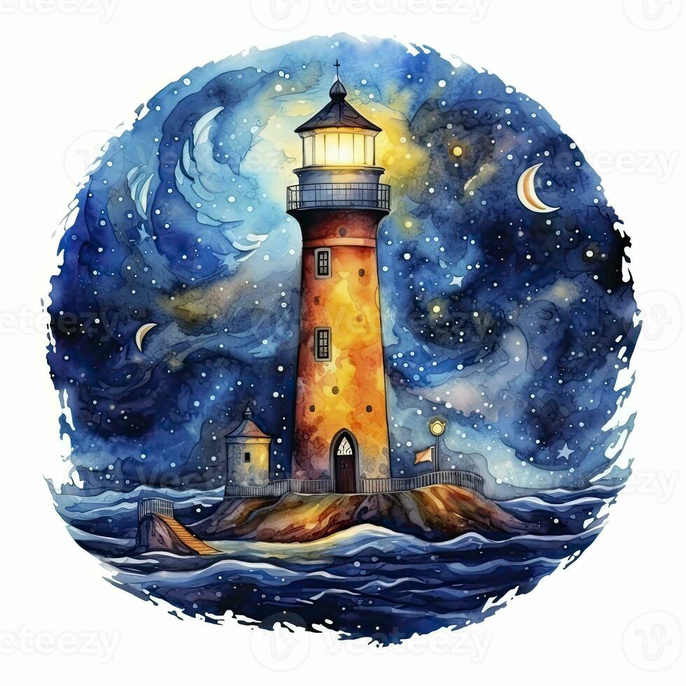 AI generated Lighthouse beside the sea at Night. watercolor for T-shirt design. AI Generated photo