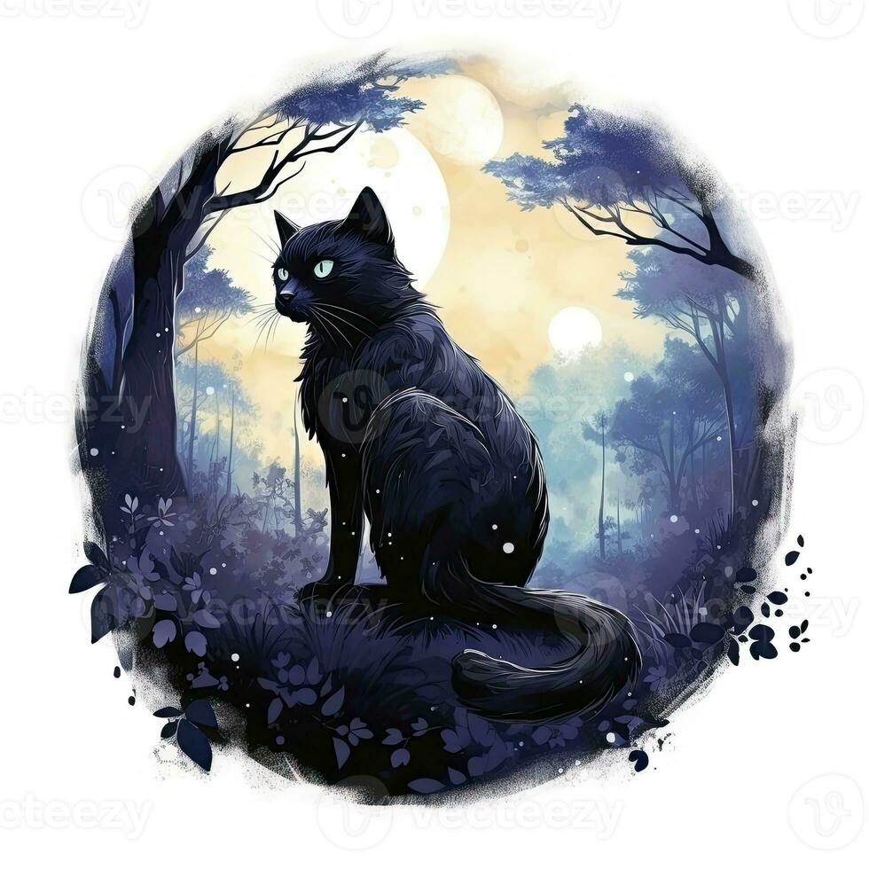 AI generated Black Cat in Moonlit Forest. Watercolor for T-shirt design. AI Generated photo