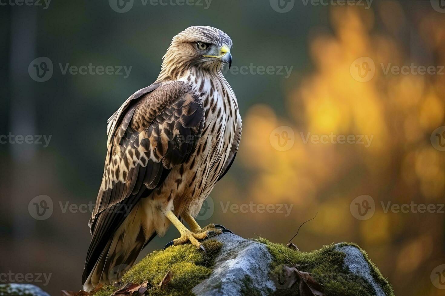 AI generated Hawk sitting on rock looking for prey. AI Generated photo