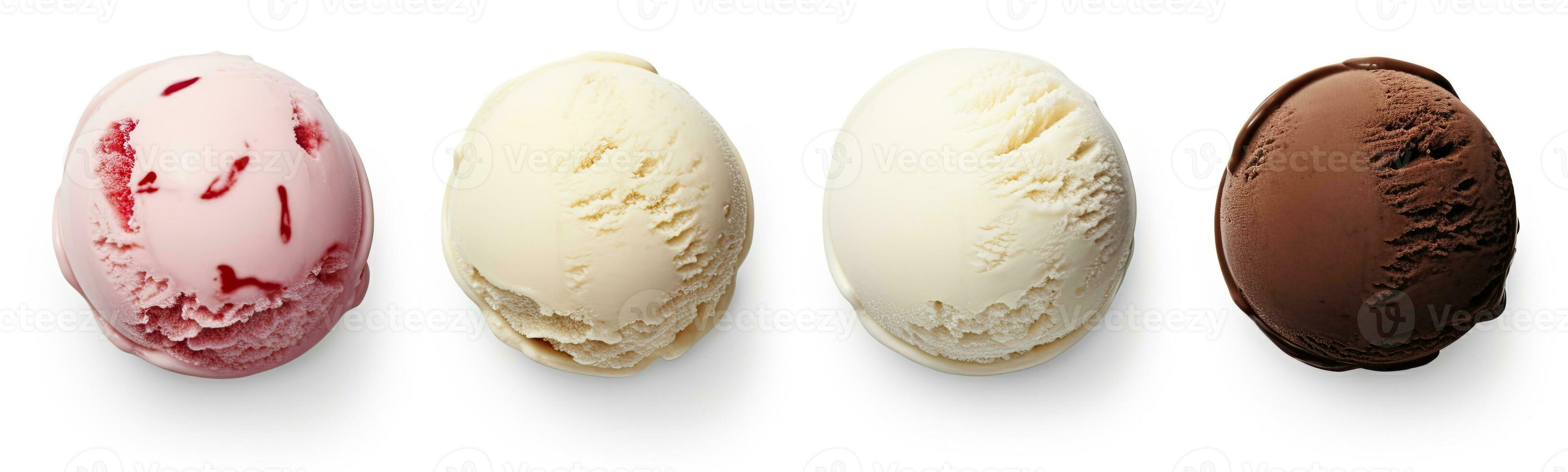 AI generated Set of four various ice cream balls or scoops isolated on white background. AI Generated photo