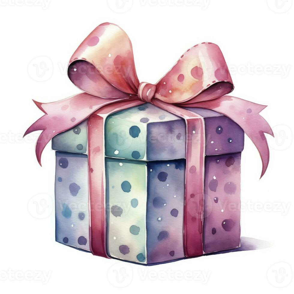 AI generated Watercolor birthday present with bow isolated on white background.  AI Generated photo