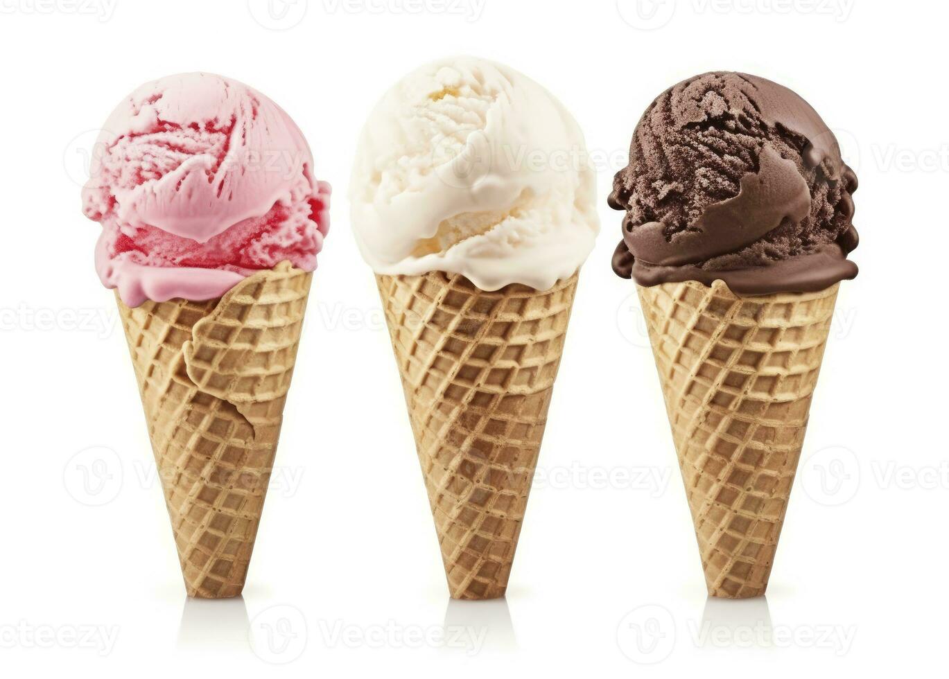 AI generated Chocolate, vanilla and strawberry Ice cream in the cone on white background. AI Generated photo