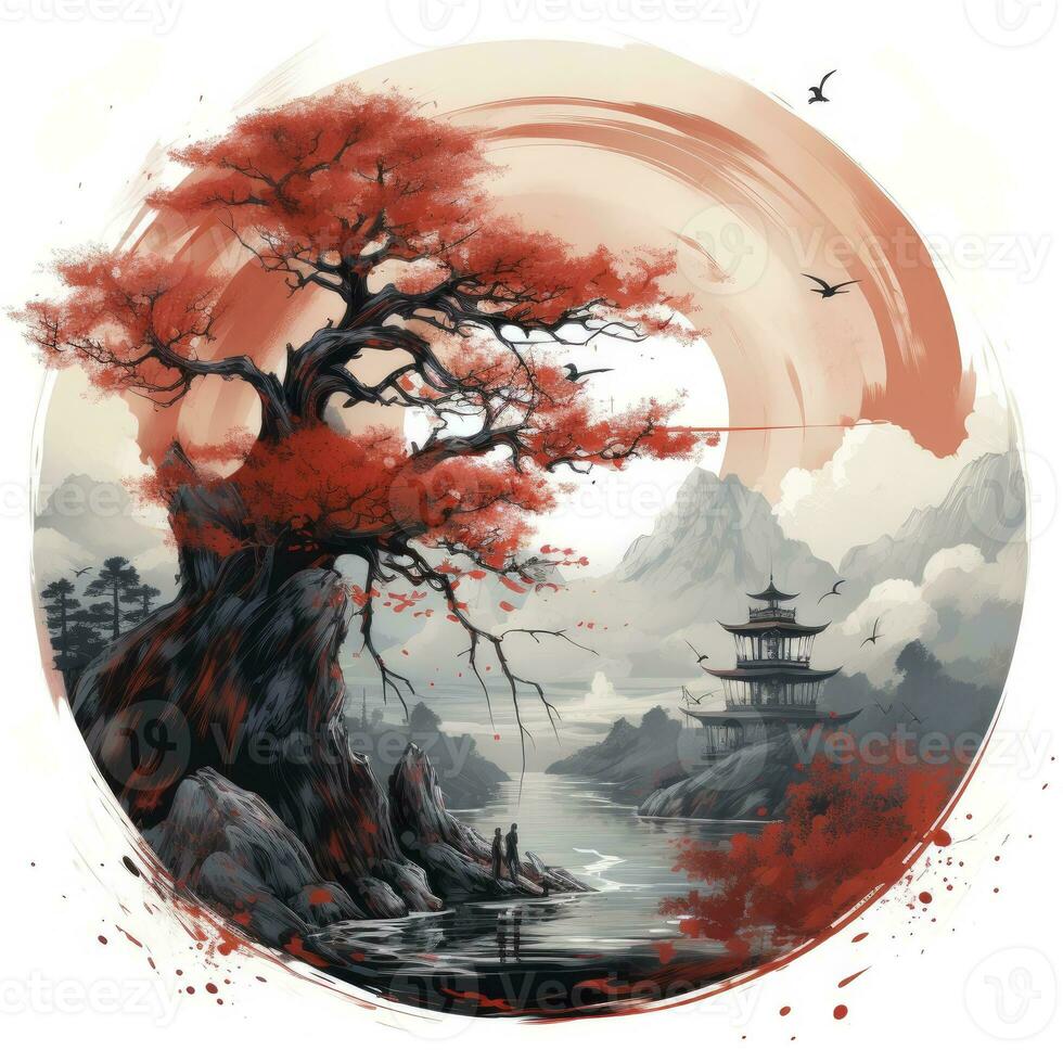 AI generated Chinese ink painting. T-shirt Design. AI Generated photo