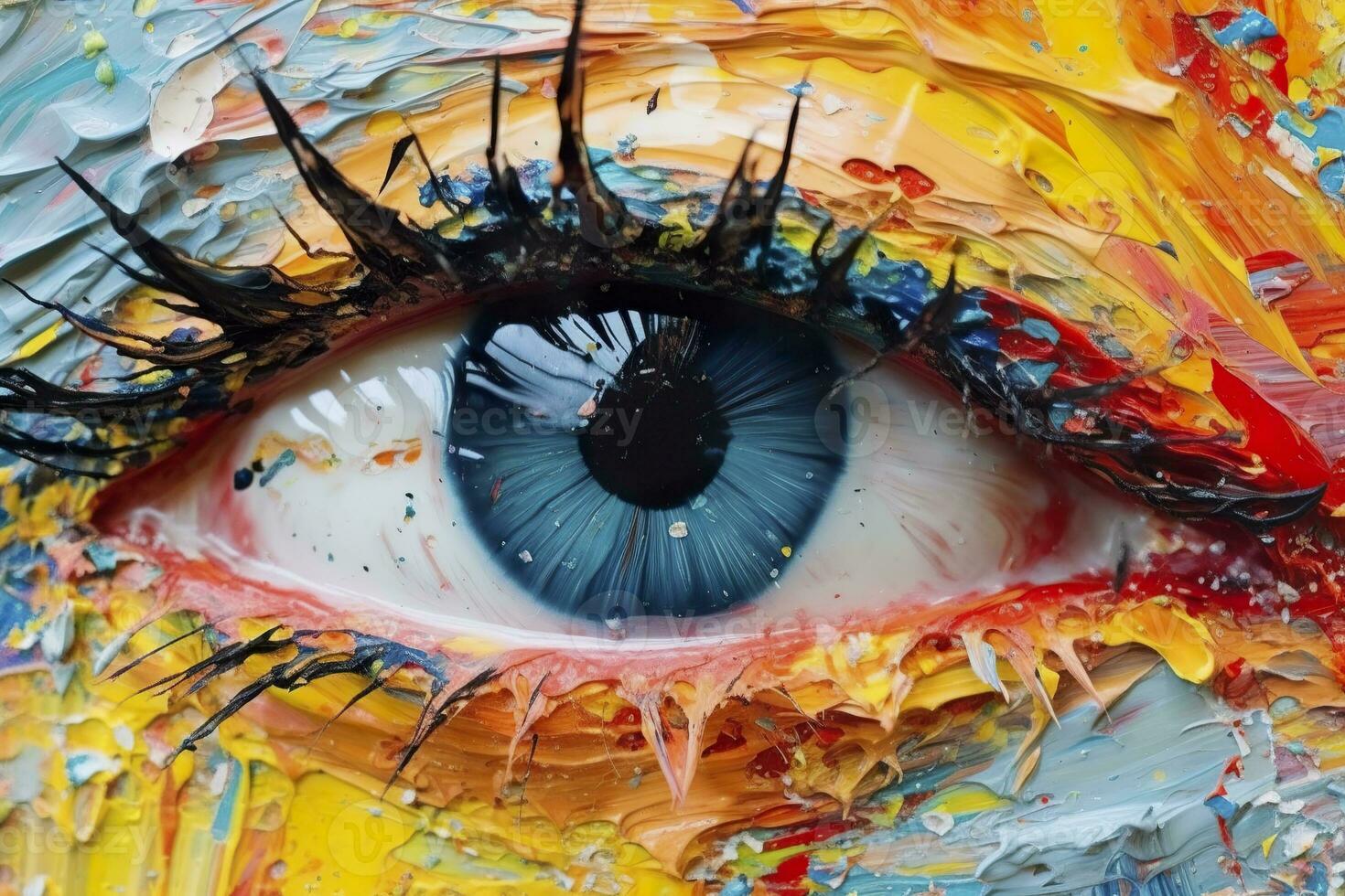 AI generated Fluorite oil painting. Conceptual abstract picture of the eye. Oil painting in colorful colors. Conceptual abstract closeup of an oil painting and palette knife on canvas. AI Generative photo