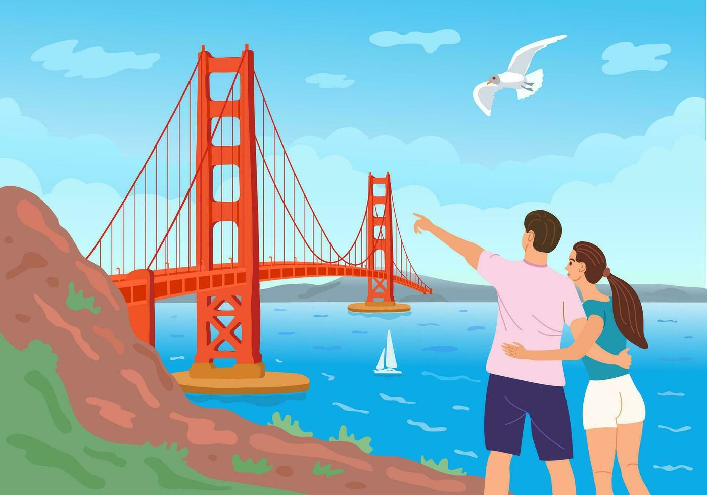 dorado portón puente a través de el estrecho. san francisco el chico y el niña Mira a a él. vector ilustración