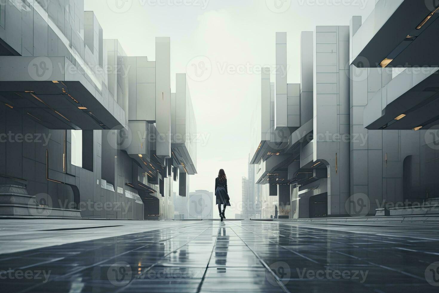 AI generated Woman walking in futuristic brutalist city street.  AI Generated. photo