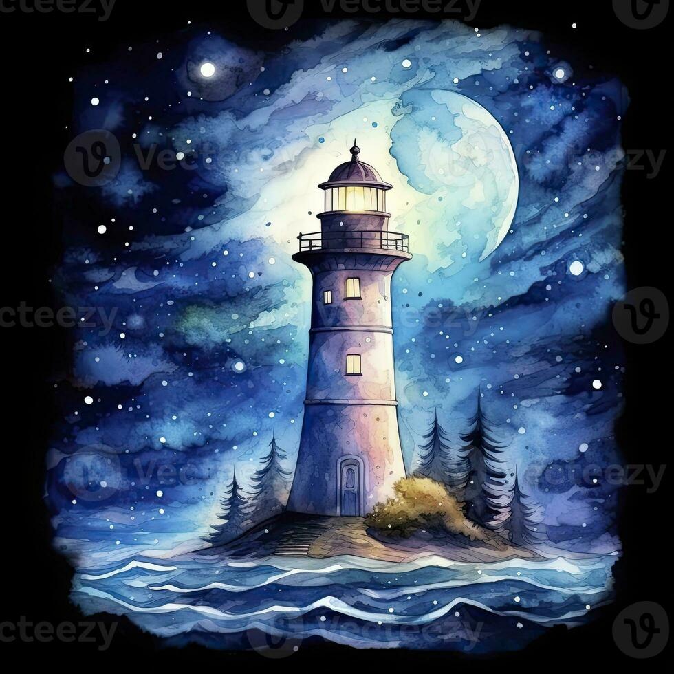 AI generated Lighthouse beside the sea at Night. watercolor for T-shirt design. AI Generated photo