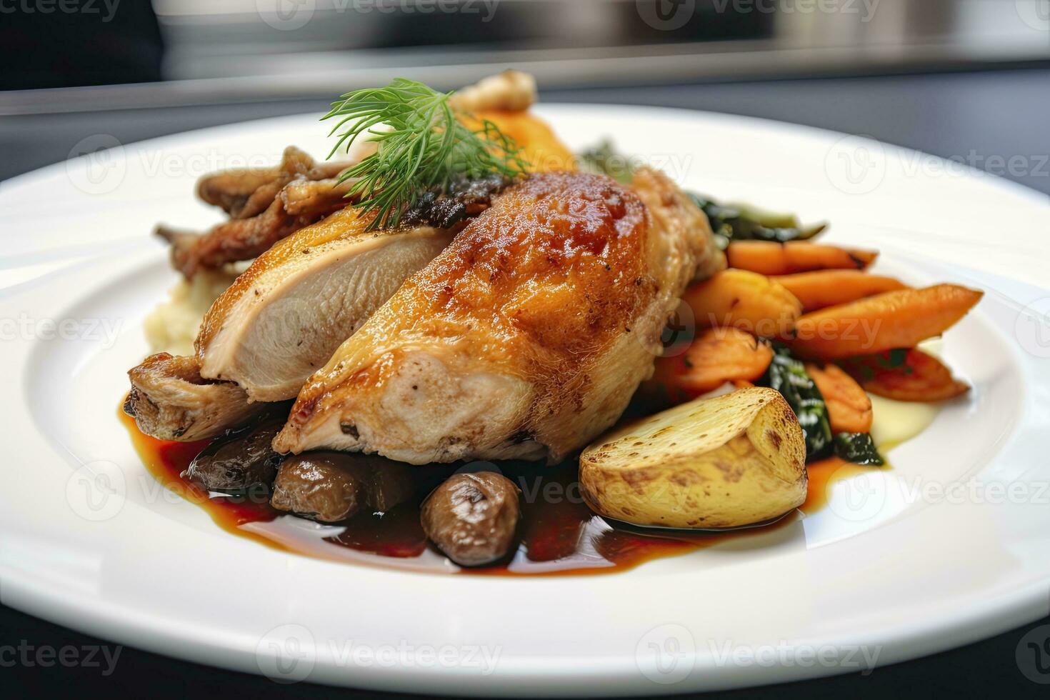 AI generated Plated chicken roast dinner on a white plate with carrot and morel mushroom. AI Generated. photo