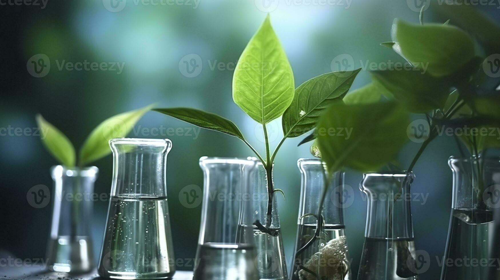 AI generated Biotechnology concept with green plant leaves, laboratory glassware, and conducting research, illustrating the powerful combination of nature and science in medical advancements. photo