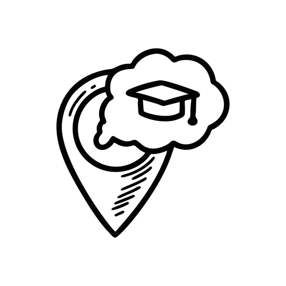 Doodle university pin icon. School location. Hand drawn sketch vector illustration. Education establishment geo position.