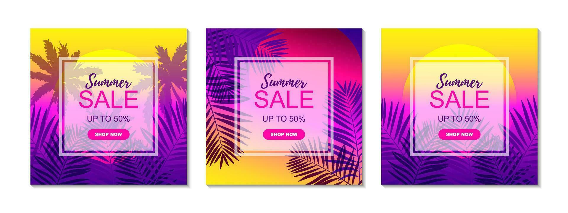 conjunto de verano cuadrado diseños vector ilustración. vistoso tropical póster. social medios de comunicación enviar modelo
