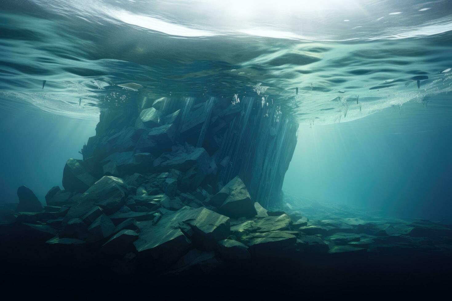 AI generated Underwater view of an underwater cave in the deep blue sea, Iceberg with above and underwater view, AI Generated photo